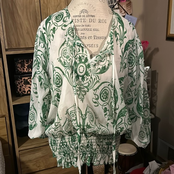 Ashley Stewart Tops - Sheer Ashley Steward Green & White Printed Blouse - 1X